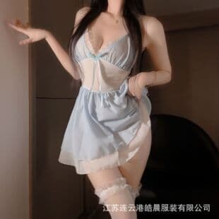 Sanshengyin Lingerie Sexy Sheer Spaghetti Strap Mini Dress Seduction Pure Desire Lace Quick-Release Sleepwear Set 2886