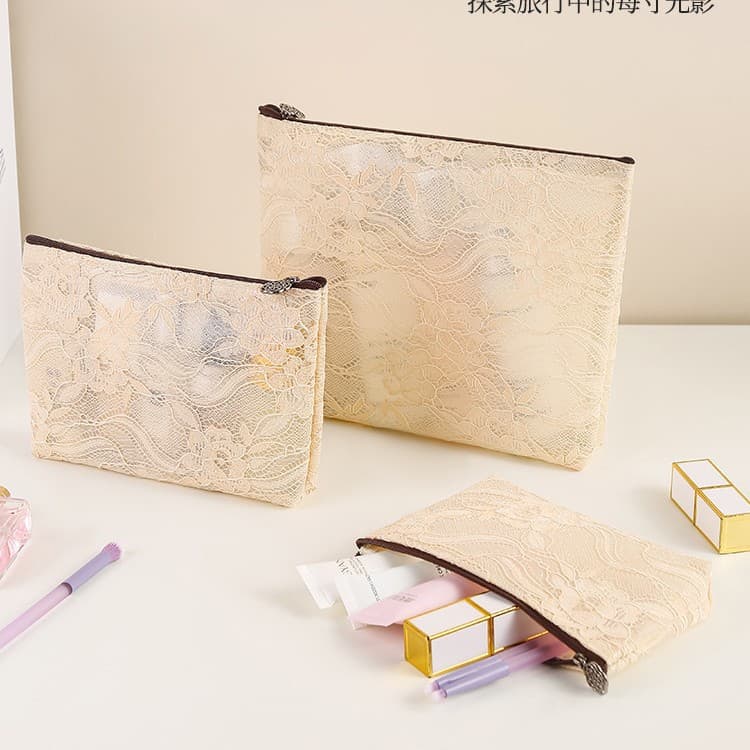 2025 New High Aesthetic Lace Makeup Bag Portable Toiletry Bag Skin Care Product Travel Storage Bag Simple Pure Color Design