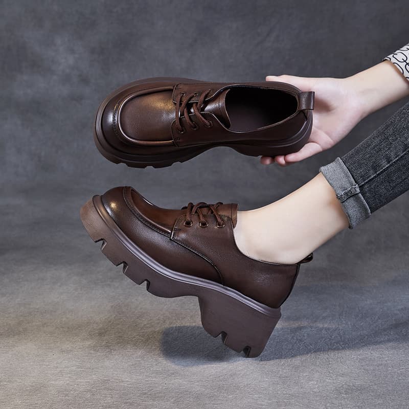 2024 New Spring/Autumn Genuine Leather Brown Retro Flats for Women, Chunky Heel Platform British Style Lace-Up Loafers