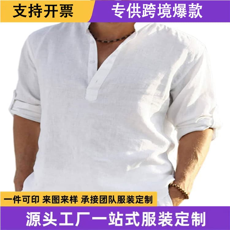 European and American Fashion Men's Casual Loose Fit Shirt, Stand Collar, Long Sleeve, Solid Color Cotton Linen Shirt, Plus Size Men's Clothing