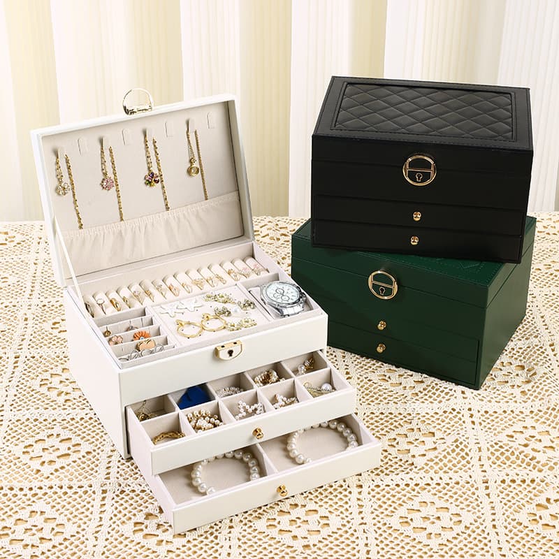 Cross-border diamond grid jewelry box, three-layer lockable bracelet watch jewelry box, necklace ring earring jewelry storage box