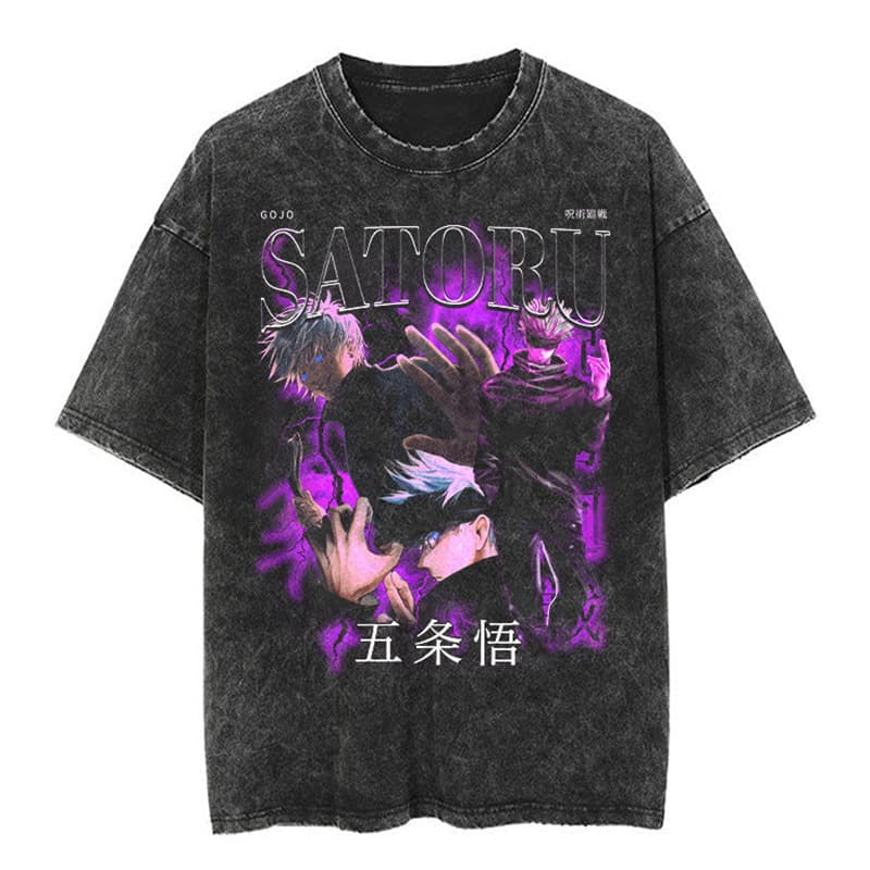 Cross-border exclusive EU size classic Japanese Gojo Satoru cartoon anime style high street washed wax-dyed short-sleeve T-shirt