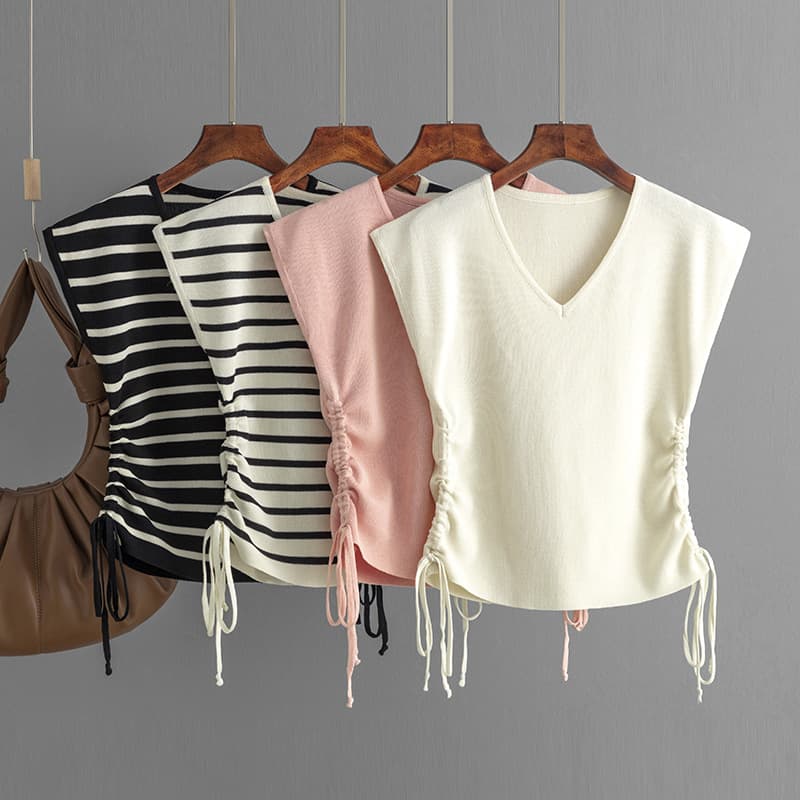 Ice Silk Knitted Sleeveless V-neck T-shirt Women's Summer 2024 New Style Chic Drawstring Short Slim-fit Top