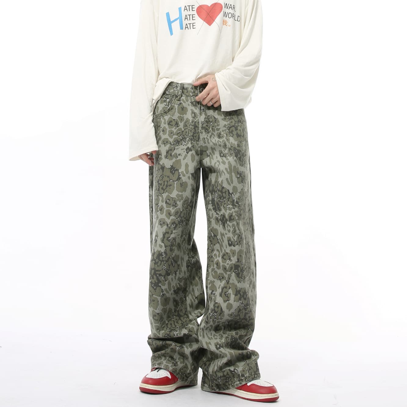 MTLCLOTHES Men's Clothing | New Autumn Arrival American Vintage Green Leopard Print Street Hip-Hop Washed Draped Pants