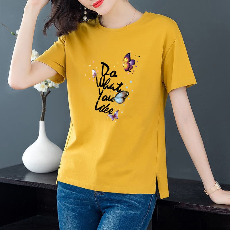[100% Cotton] Korean Style Short Sleeve Split T-Shirt for Women, Loose Summer Round Neck Basic Top with Printed Design