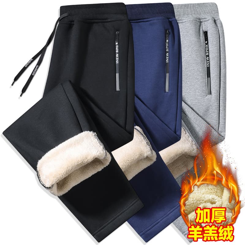 Cross-border fleece-lined thickened lamb fleece sweatpants, flat hem straight-leg cuffed fleece pants, fashionable casual sport pants