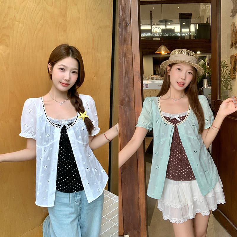 2026 new summer style fat mm plus size women's Korean style gentle style puff sleeve fake two-piece short-sleeved shirt top