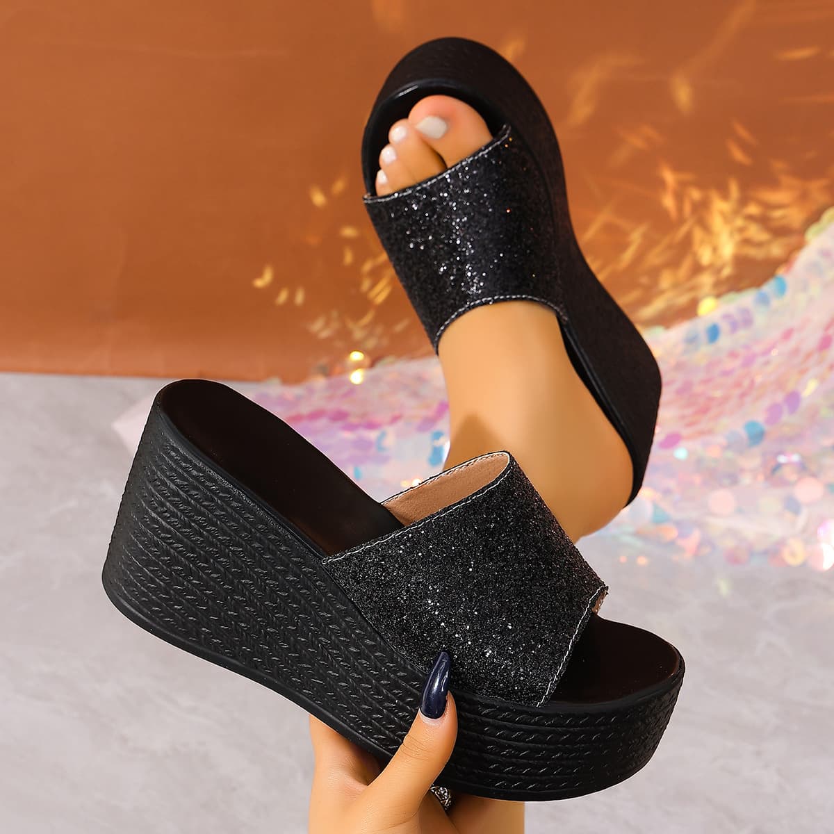 Plus Size High Heel Wedge Slippers for Women - Comfortable Wedge Slippers with One-Strap Design for Cross-Border Sales