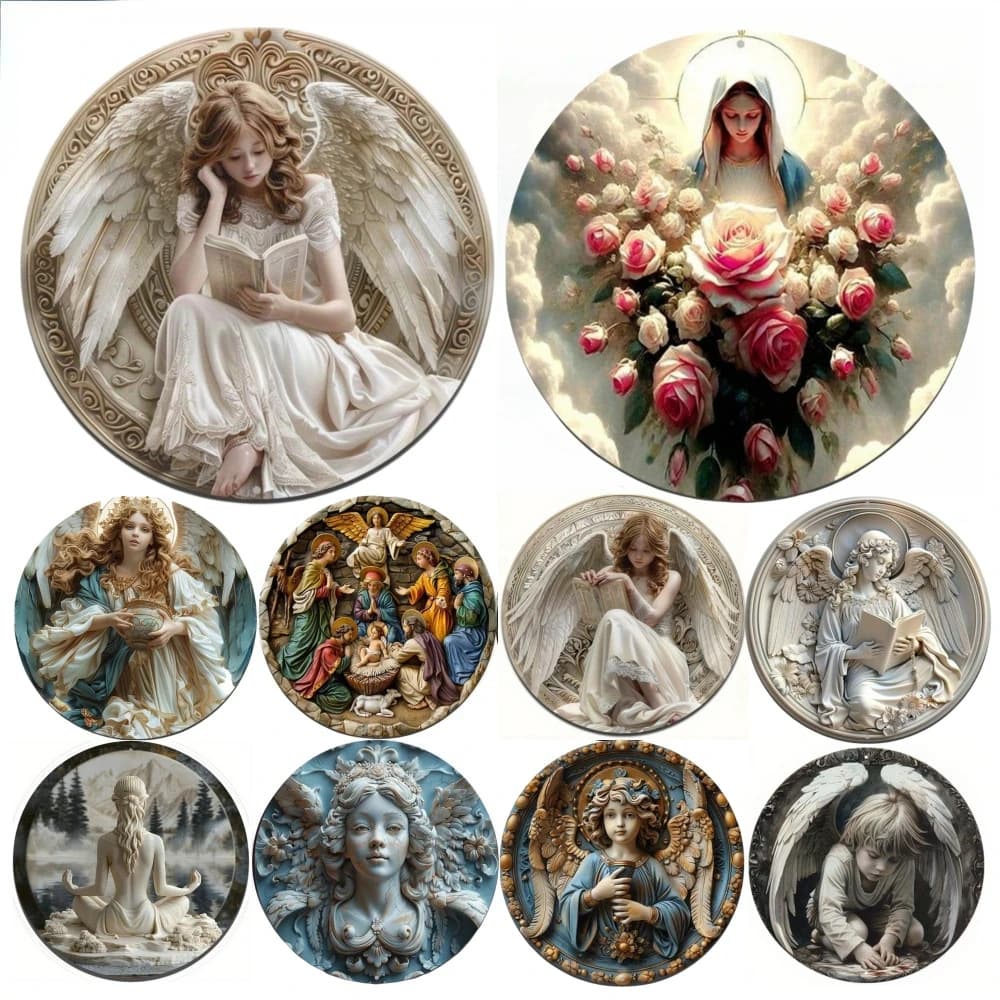 Cross-Border Best Seller Supports Drop Shipping, 20x20cm Thick Round Aluminum Sheet Angel Element Decorative Hanging Ornament