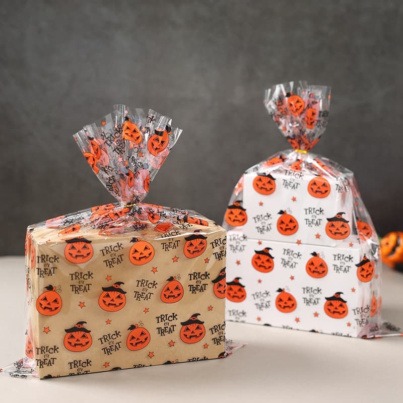 Trick or Treat Halloween Pumpkin Candy Bag Transparent Twist Tie Flat Mouth Gift Bag Children's Candy Collection Bag