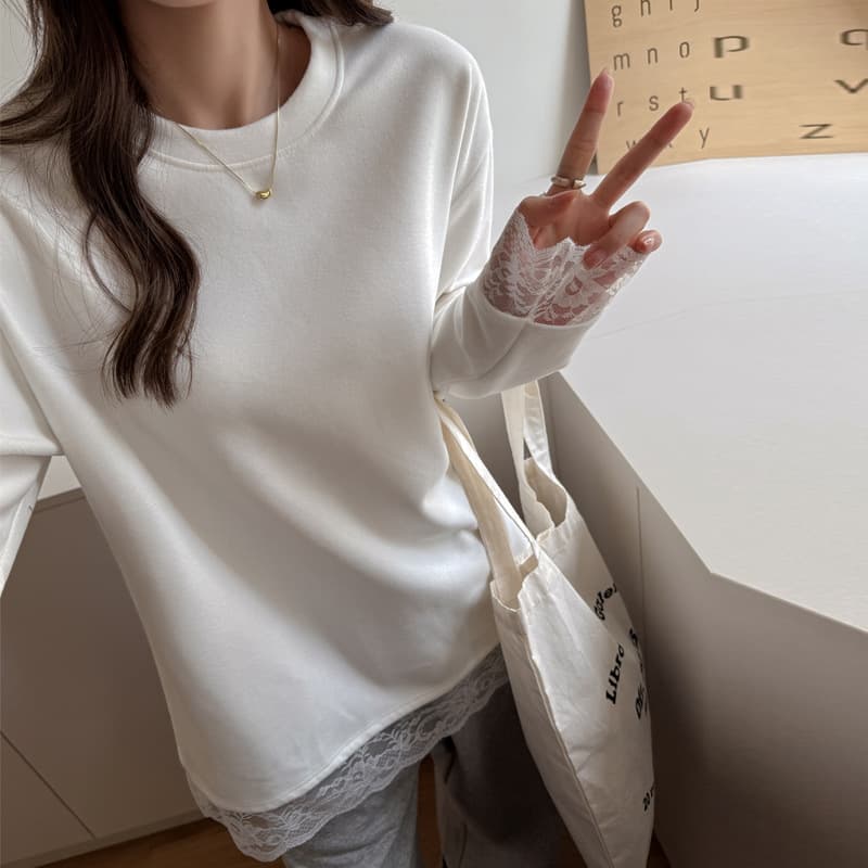 Autumn Winter Lace Trim Velvet Thickened Brushed Velvet Round Neck Long Sleeve T-Shirt Loose Fit Design Base Layer