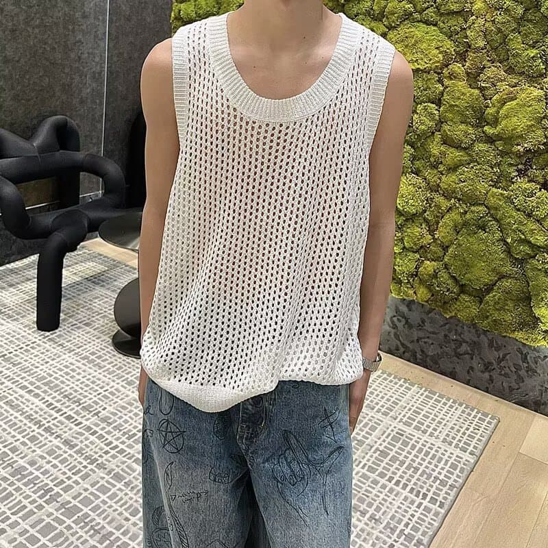 Summer design hollow mesh knitted vest ins men's sports fashion sleeveless underwear vest casual trend