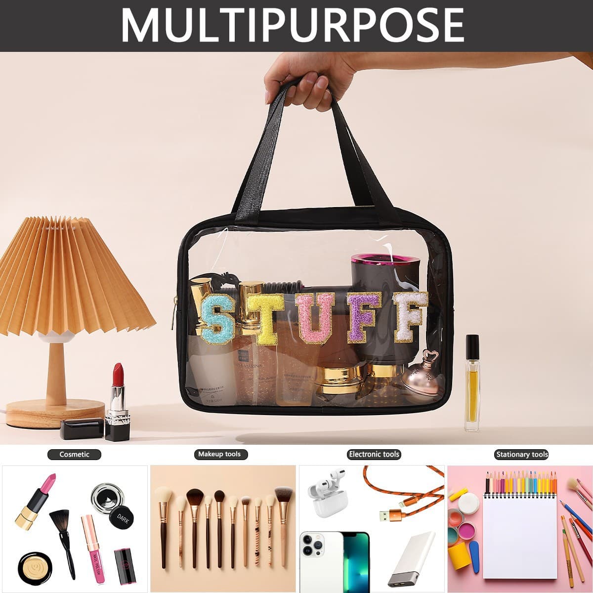 Amazon Cross-Border Embroidered Letter Makeup Bag Transparent PVC Toiletry Bag Large Capacity Beach Bag Travel Organizer