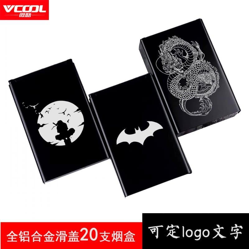 Trendy Black Men's Cigarette Case Laser Engraved Aluminum Alloy 20-Cigarette Capacity Cross-Border Drop Shipping