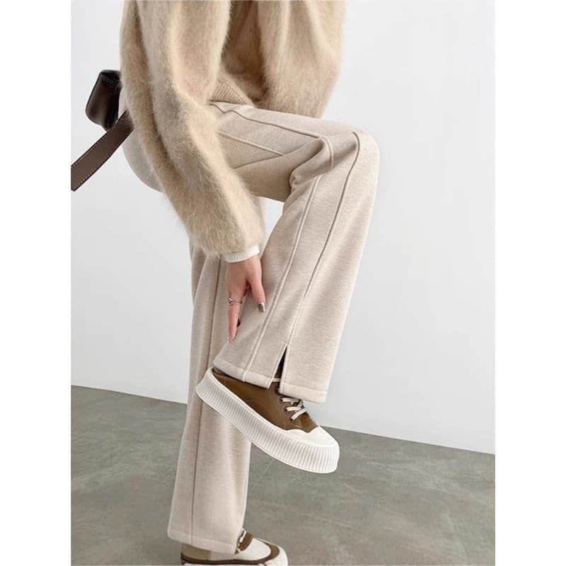 Herringbone pattern plus velvet wide-leg pants for women autumn and winter 2025 new casual slit pants straight slim narrow version banana pants