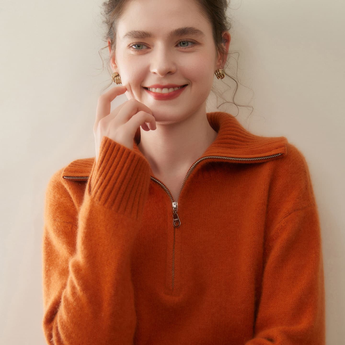 Thick, warm winter style, 100% pure cashmere sweater for women, half-zip collar, soft and skin-friendly high-end knitted base layer sweater.