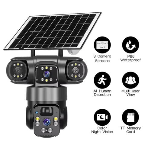 QL19 3-Lens Solar-Powered Outdoor Waterproof Monitoring Camera for Mobile Surveillance, Real-Time Alarm, Orchard, and Home Use