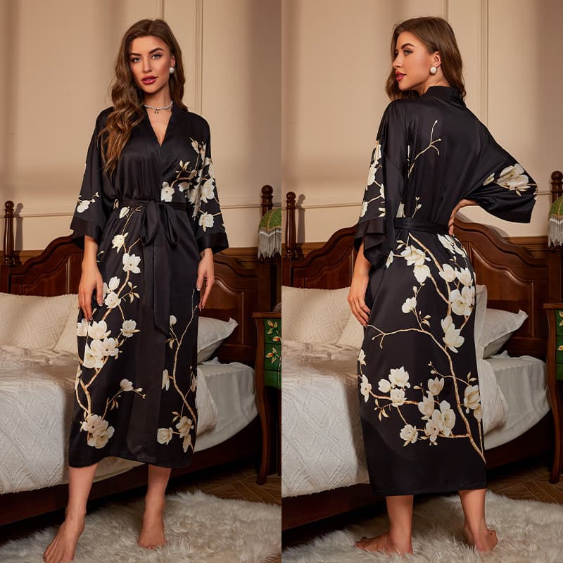 European and American New Pajama Robe Women Spring Summer Bell Shadow Dan Red Ding Luxury Tie Front Morning Robe Bathrobe Women's Loungewear