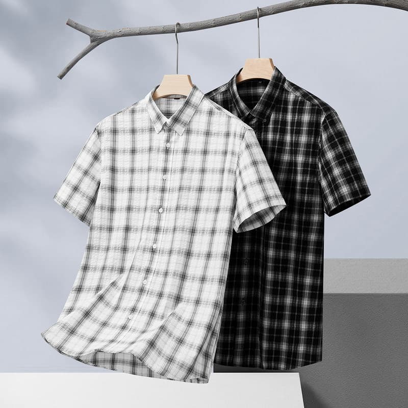 Plus size plus size short-sleeved plaid shirt men's summer thin yarn-dyed jacquard shirt fat man fat brother loose and casual