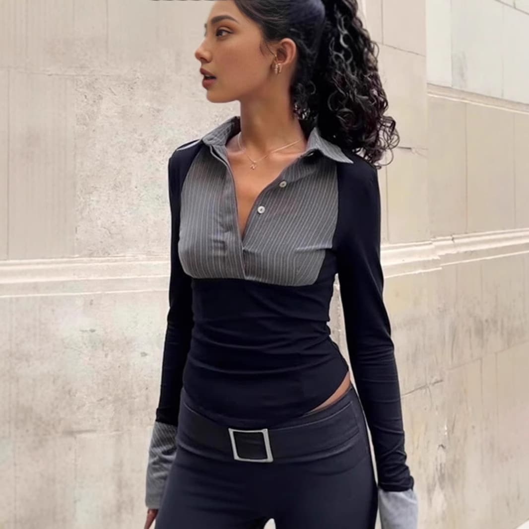 Cross-border European and American Women's Fashion 2026 Summer New Arrival Polo Neck Striped Contrast Slim Fit Versatile Long Sleeve Top