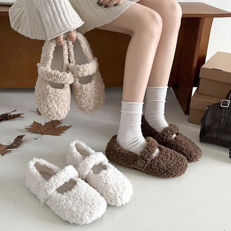 Viral White French Mary Jane Flat Plush Slippers Women 2024 New Autumn/Winter Warm Soft Sole Bean Cotton Shoes