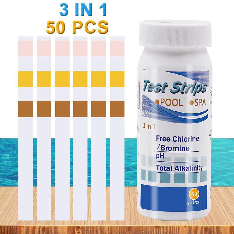 3-in-1 Swimming Pool Water Test Strips for pH, Chlorine, Alkalinity, Bromine, Hardness, Hot Spring Water, 50 Strips per Bottle