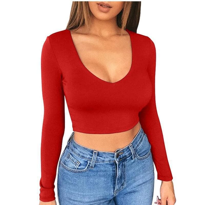 2024 European and American Style Hot Girl Solid Color Base Shirt Women's Top Sexy Ultra-Short Low-Cut Crop Top Tight Long-Sleeve Women's Clothing