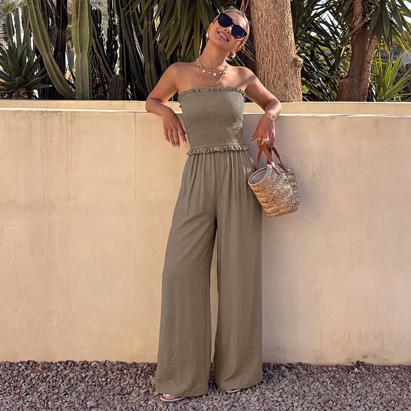 2026 Summer New Arrival Simple Casual Jumpsuit European and American Cross-Border Textured Strapless Wide-Leg Long Jumpsuit for Women