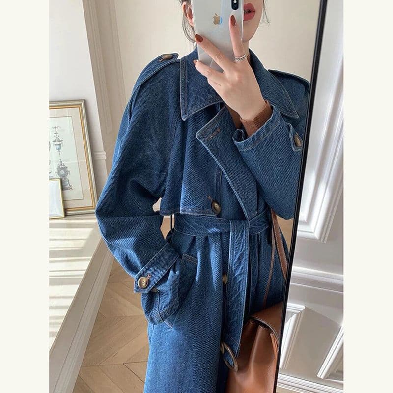 Denim Trench Coat for Women Mid-Length 2025 Spring Autumn New Retro British Style Waist-Slimming Over-Knee Coat