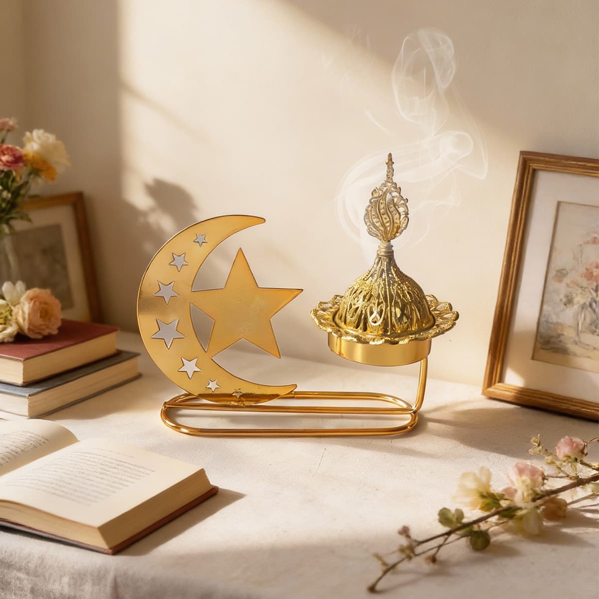 Cross-Border Golden Hollow Star and Moon Standing Incense Burner Middle Eastern Aromatherapy Arabian Incense Burner Home Decoration