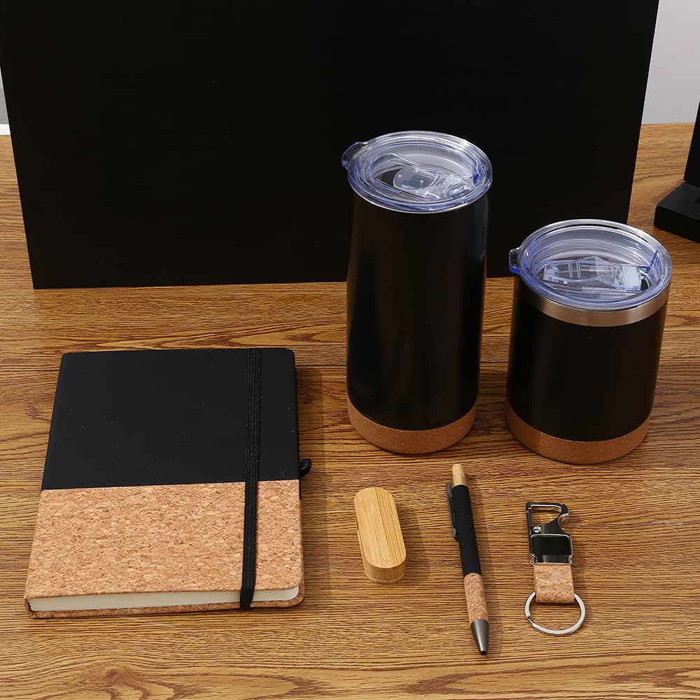 Black simple notebook cork bottom retro style set with printable logo notepad business gift set souvenir