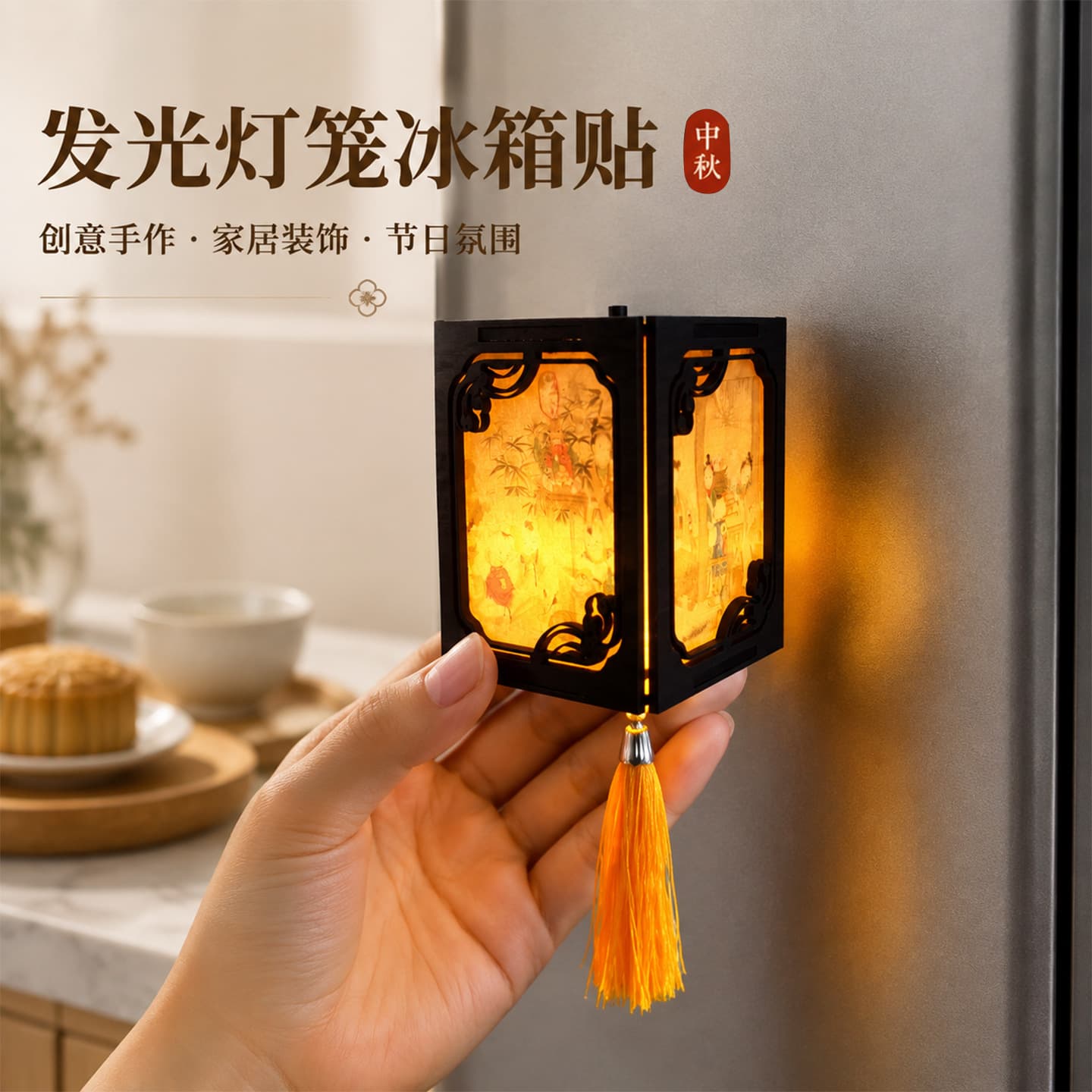 Mid-Autumn Festival national style wooden night light refrigerator magnet diy material package cultural and creative magnetic refrigerator decorative desktop ornaments