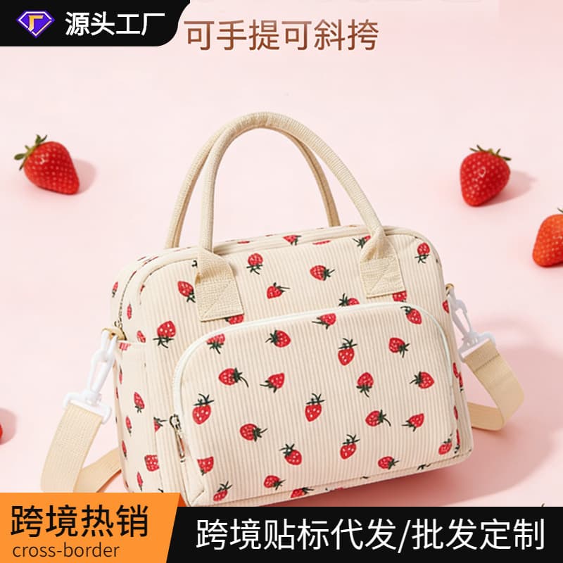 New Corduroy Lunch Bag Large Capacity Insulated Thermal Bag Student Bento Bag Cross-border Commute Velvet Picnic Bag