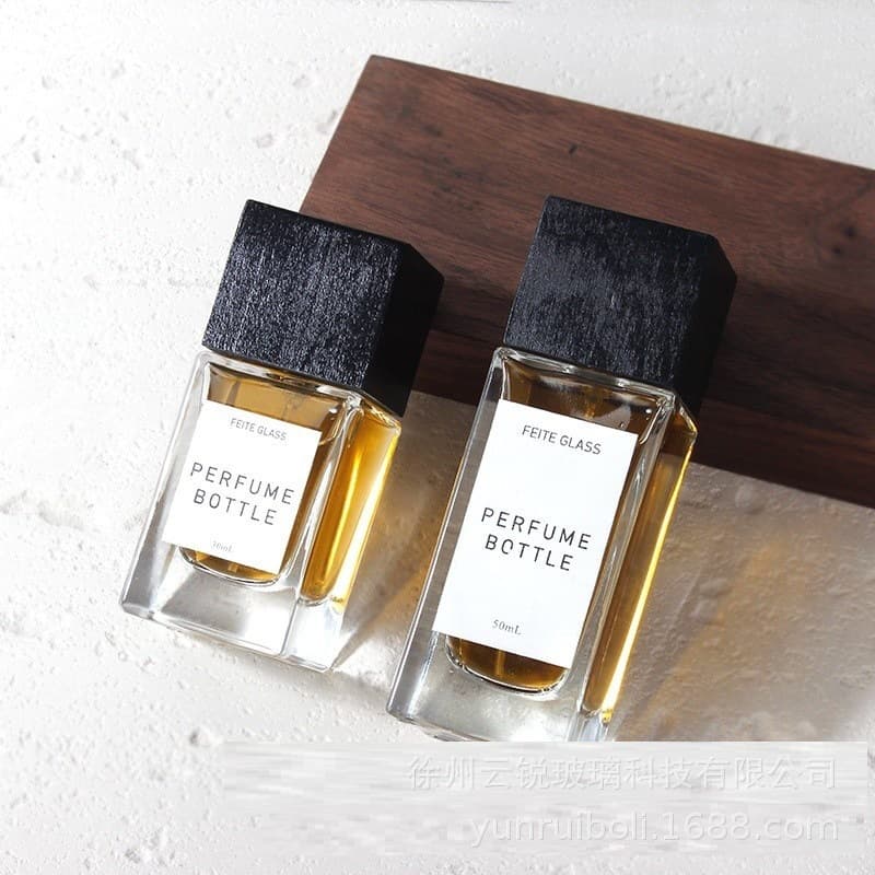 Transparent Rectangular 30ml 50ml 100ml Perfume Glass Bottle with Snap Spray and Wooden Cap