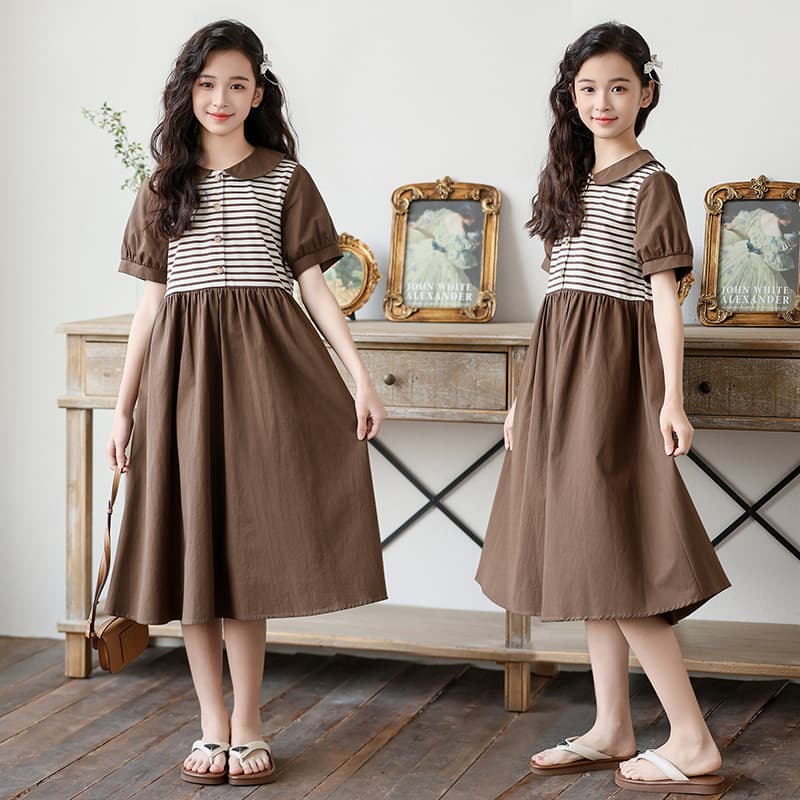 Children's Summer Dress 2026 New Style Girls' Striped Doll Collar Dress Cute and Fashionable Long Dress for Girls