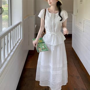 AQ638 French Vintage Embroidered Lace Top Skirt Ramie Suit Pattern Women's Clothing Template