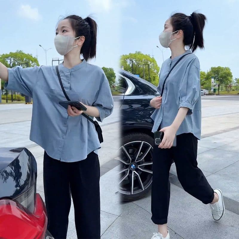 Summer clothes are paired with a set of Korean-style super good-looking slim shirts and casual trousers suits for small people, salt-style and western style to reduce age.