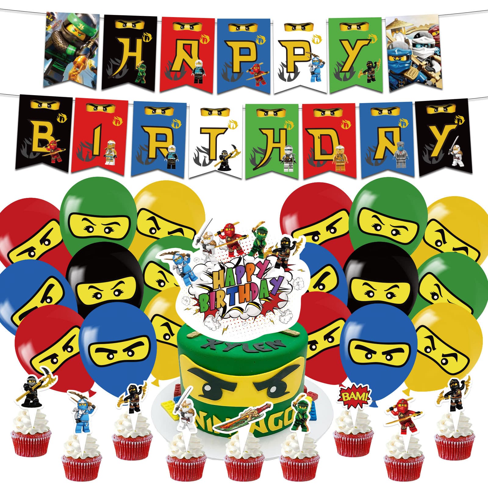 LEGO Ninjago Birthday Party Theme Decoration Spiral Pull Flag Balloons Cake Topper Party Supplies Set