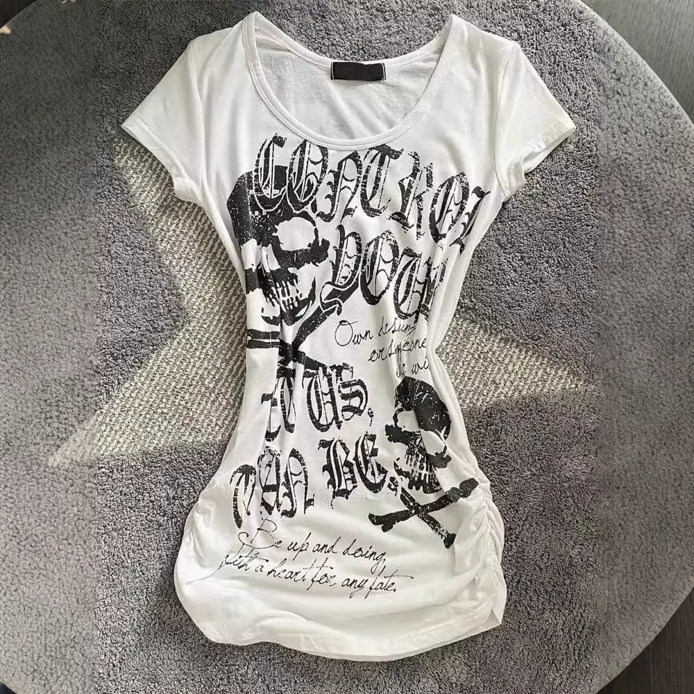 Sexy Fitted Punk Rock Short Sleeve T-Shirt Summer American Black Skull Print Slim Fit Top