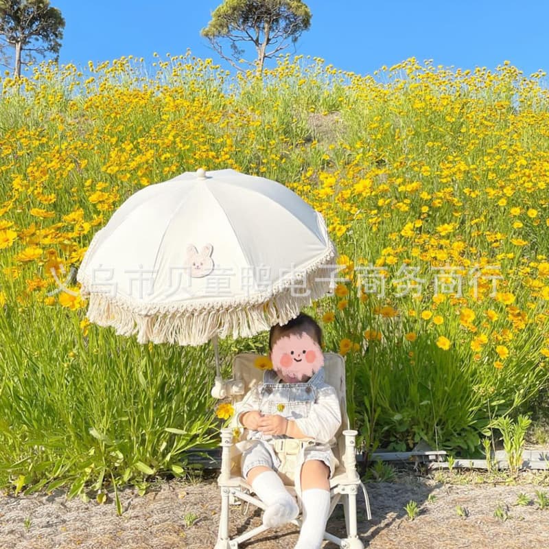 Korean-style Baby Outdoor Seat Sunshade Umbrella, Portable Foldable Children's Stroller Parasol with Tassels for Spring and Summer Sun Protection