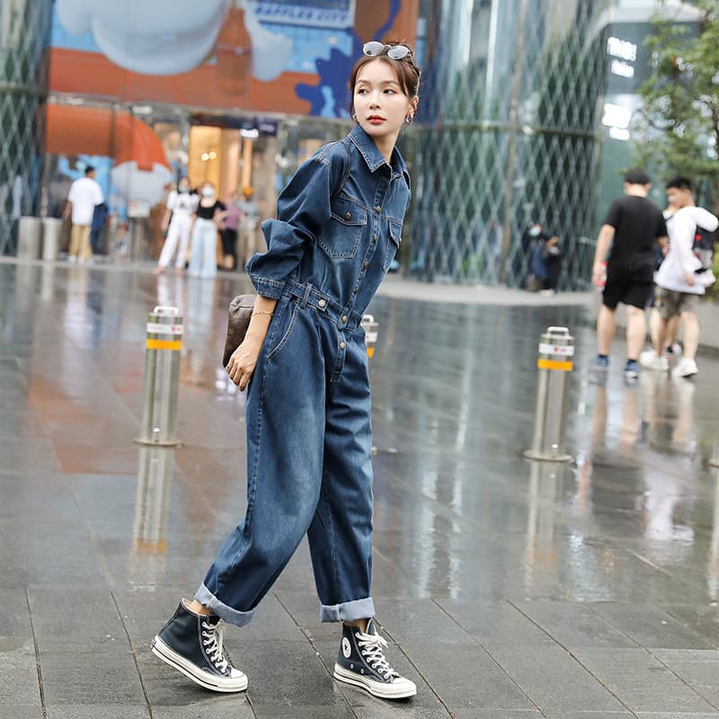 Hong Kong Style Denim Jumpsuit for Women 2026 Long Sleeve Spring New Fashion High-End One-Piece Loose Utility Jumpsuit
