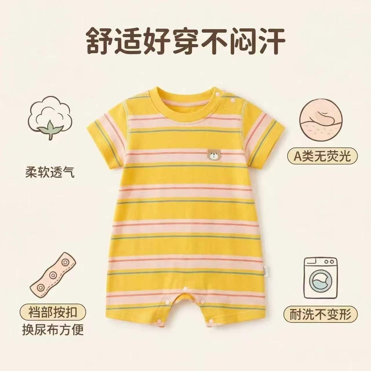 Baby Summer Romper, European and American Striped Short-Sleeve Bodysuit for Boys and Girls