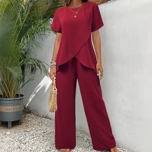 Amazon Summer New European and American Women's Two-piece Set Short Sleeve Pullover Round Neck Loose Casual Irregular Set