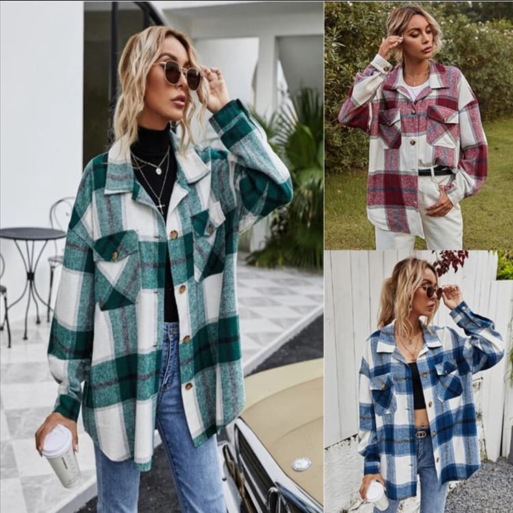 2022 European and American Cross-border Women's Clothing eBay AliExpress Autumn/Winter Loose Lapel Shirt Long Sleeve Plaid Shirt Coat