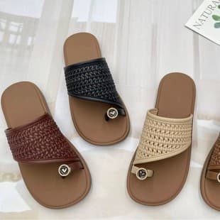 Flat Toe Ring Sandals for Women 2025 New Summer, Woven Retro Roman Style Beach Slippers for Dresses