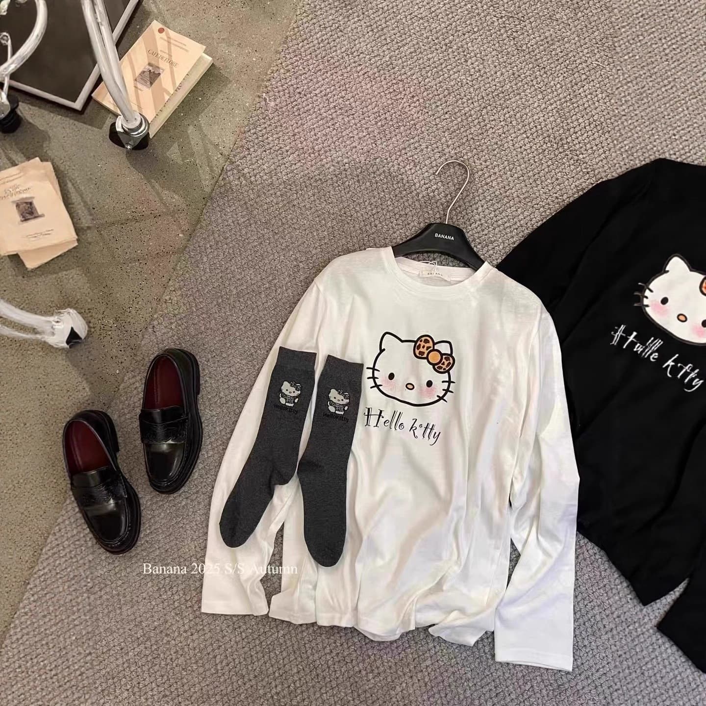 Korean Dongdaemun Spring/Autumn New Loose Casual Cat Cartoon Print Cotton Long-Sleeve T-Shirt for Women