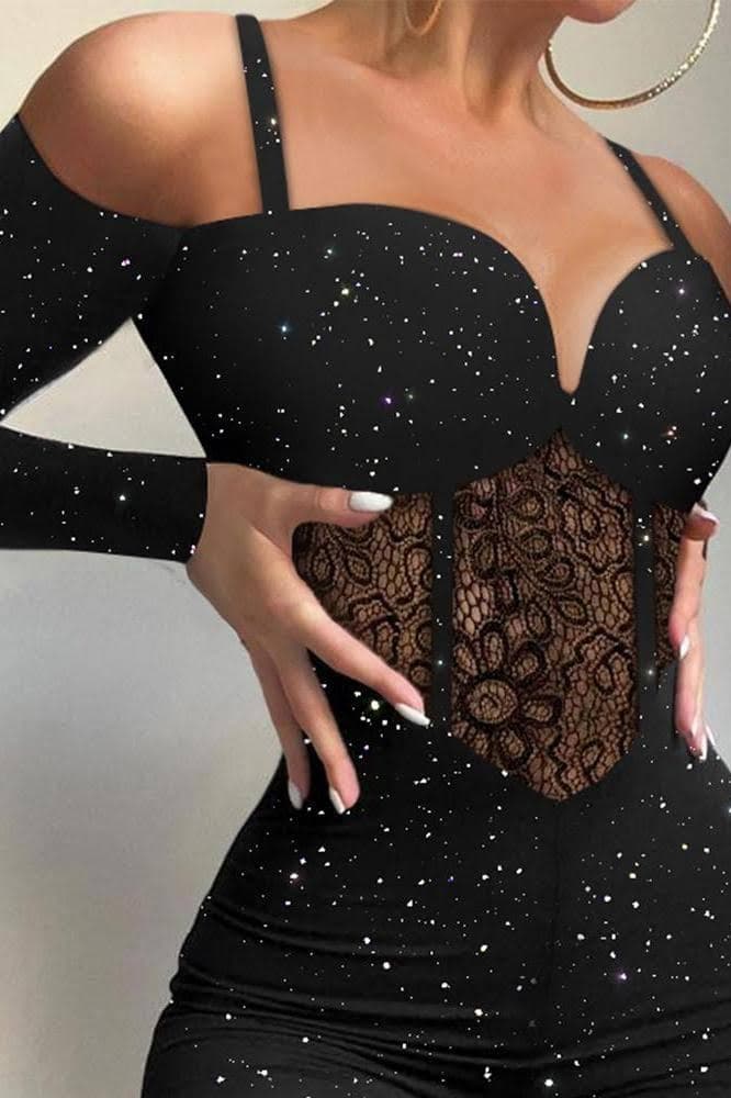 European and American Lace Hollow Fashion Jumpsuit with Sparkle Highlights Knitted Fabric Strappy Jumpsuit