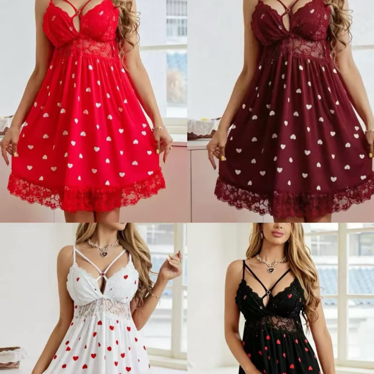 2026 New Home Lace V-Neck Nightgown Women’s Home Clothes Suspender Nightgown Love Print Backless 5083