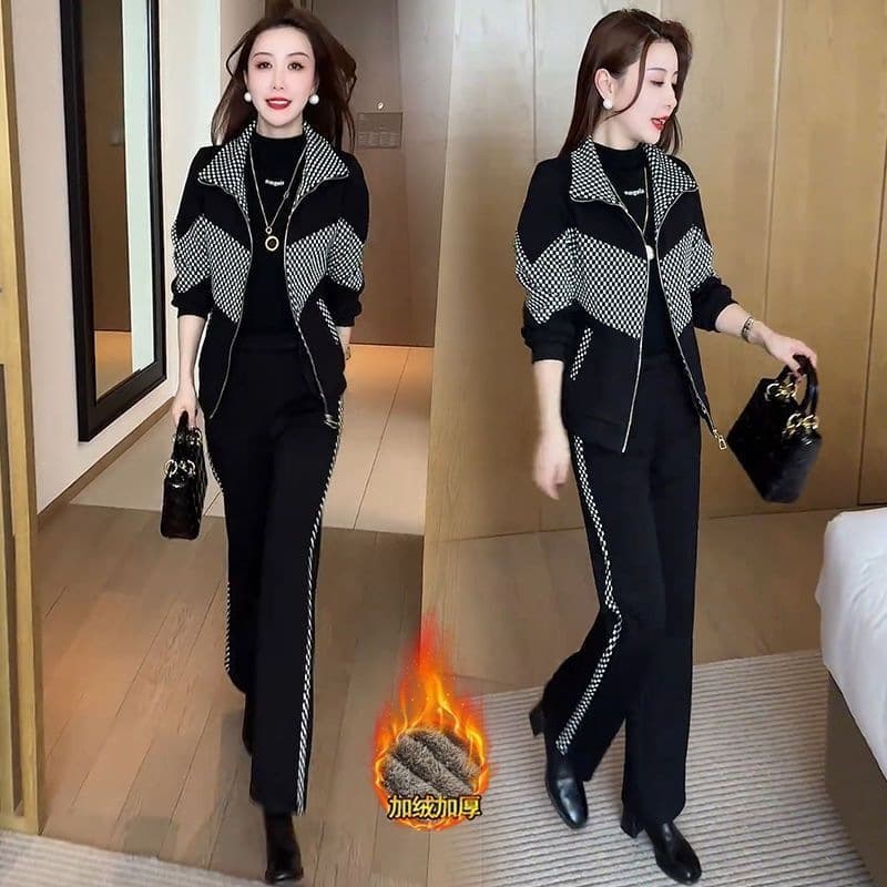Thick velvet casual sports suit for women in autumn and winter fashionable plaid stand-up collar cardigan wide-leg pants two-piece set