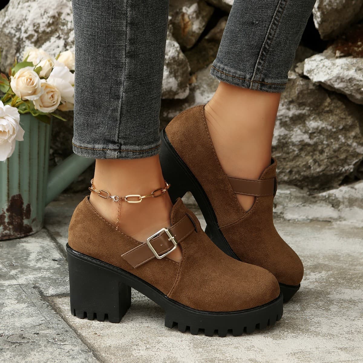 Women's Loafer Leather Shoes 2025 New Spring Internet-Famous High Heels, Chunky Heel British Style Height-Increasing Fashion Flats